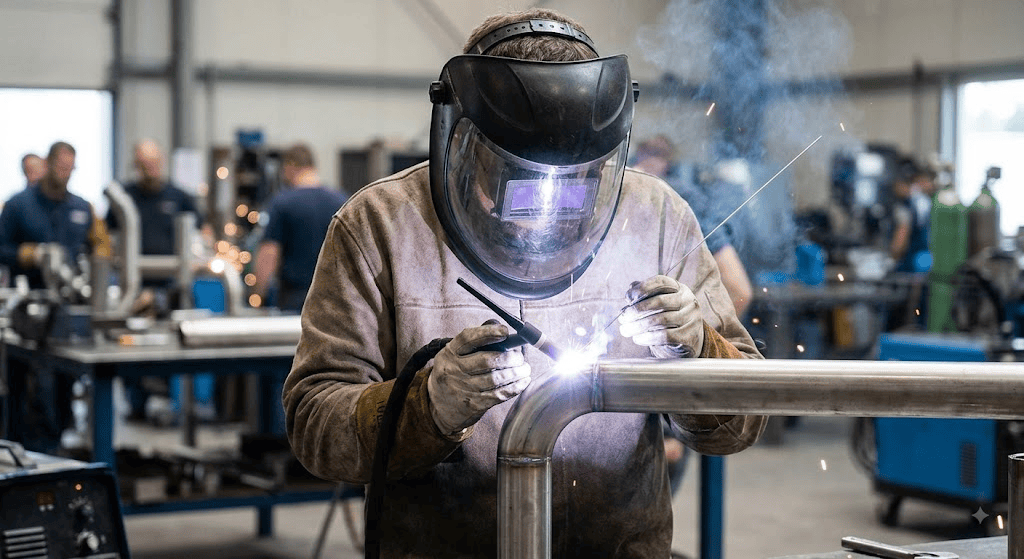 Welder practising FCAW technique before a CWB test