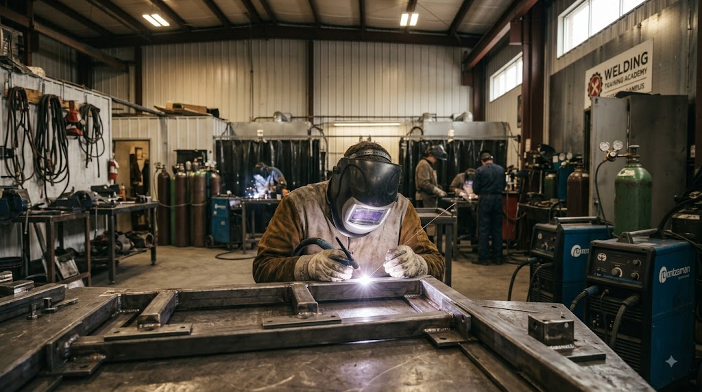 Welder practising a test plate weld in the flat position